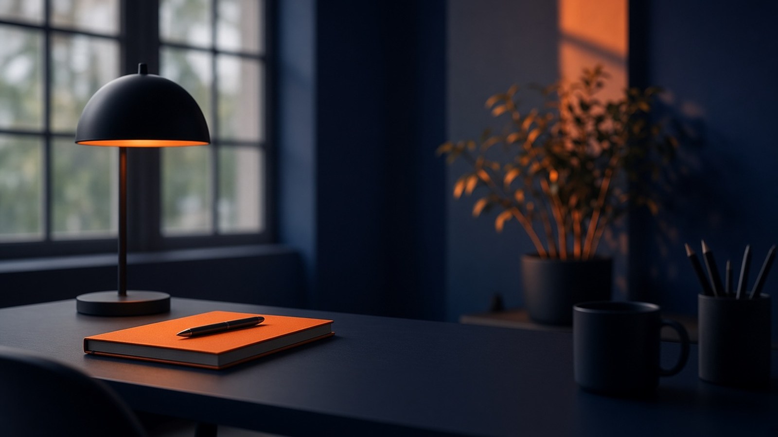 Rustige werkplek in oranje en navy tinten