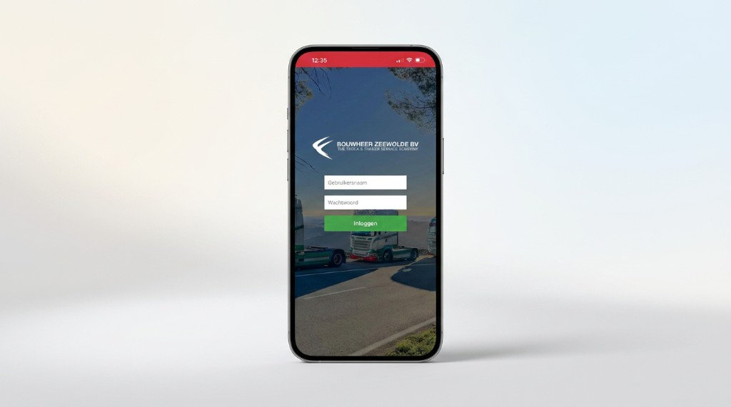 FleetGrip Bouwheer app: inlogscherm op iPhone