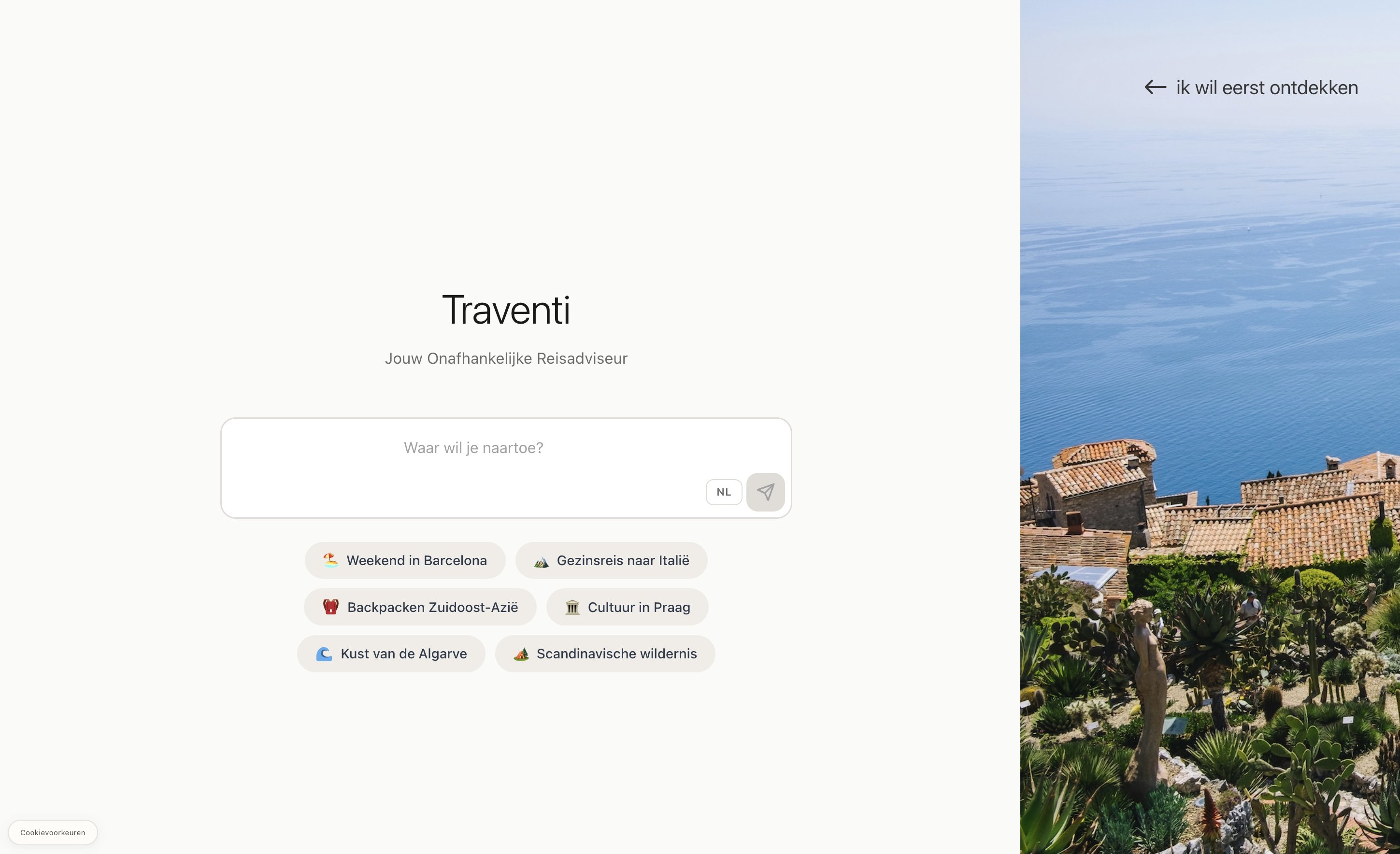 Traventi AI-reisadviseur homepage